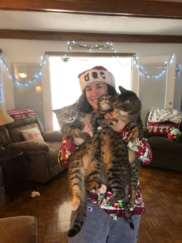 Kim with Our Cats at Christmas